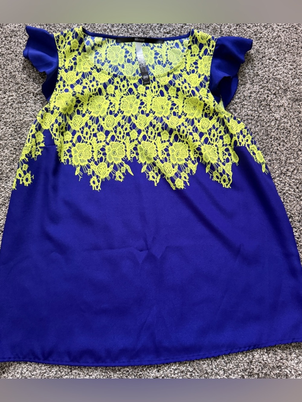 Women’s royal Blue Top with Neon Yellow Lace Accents